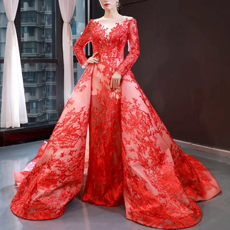 prom dresses for hourglass figuresPrincess Scoop Long Sleeve Lace Formal Dress Red Prom Gown