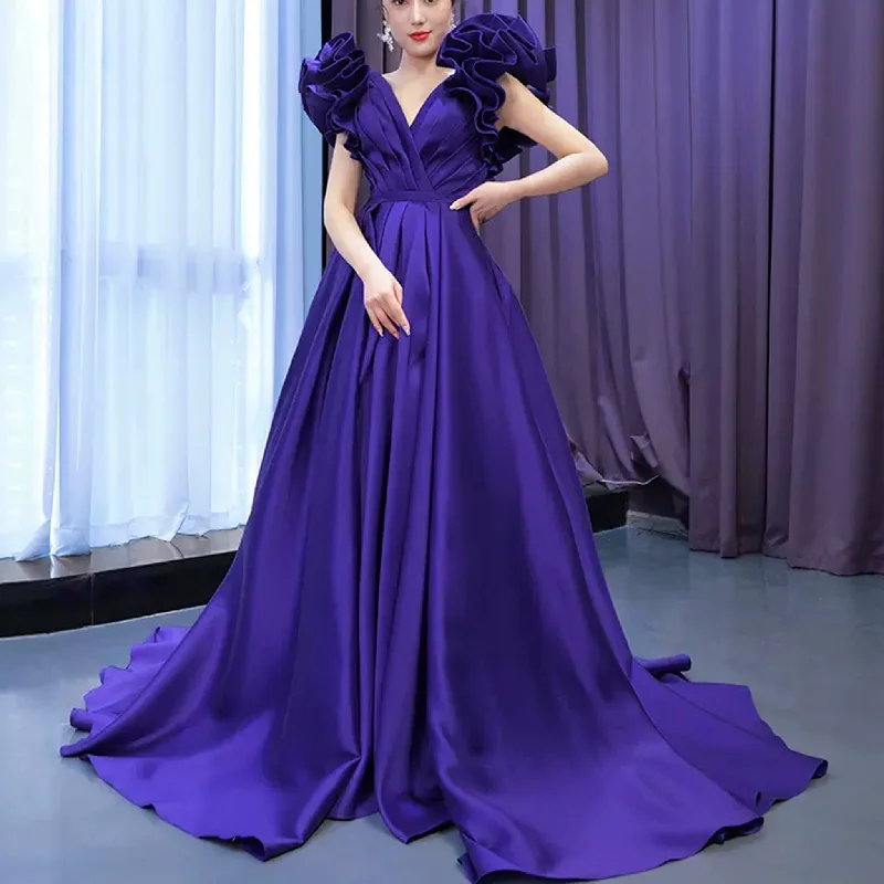 glamorous prom dressesPuffy Ruffle Sleeve A-line Prom Dress Vneck Formal Gown Leg Slit