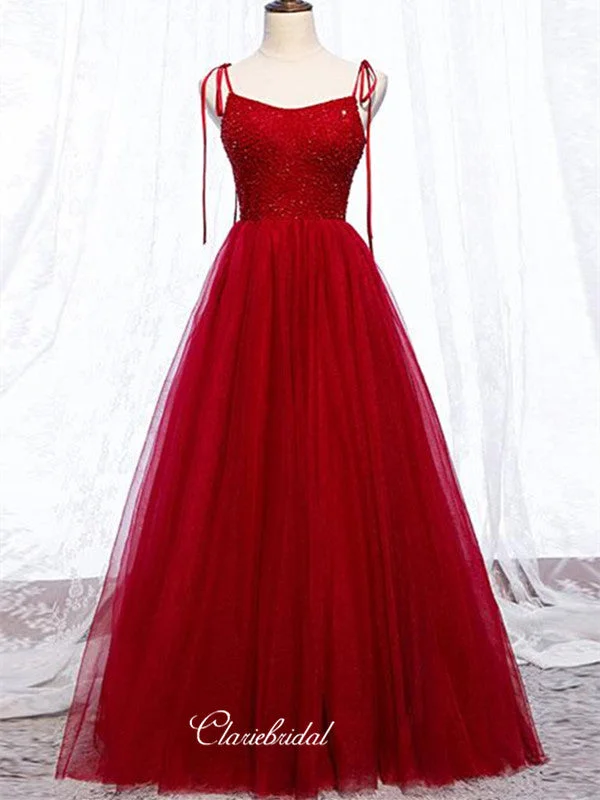 sparkly prom dressesRed Color Tulle Prom Dresses, Beaded A-line Prom Dresses, Popular Newest Prom Dresses