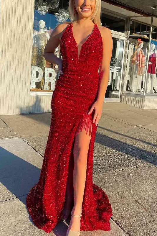 prom dresses with built-in petticoatsRed Halter V-Neck Sequined Mermaid Sleeveless Prom Dress with Slit