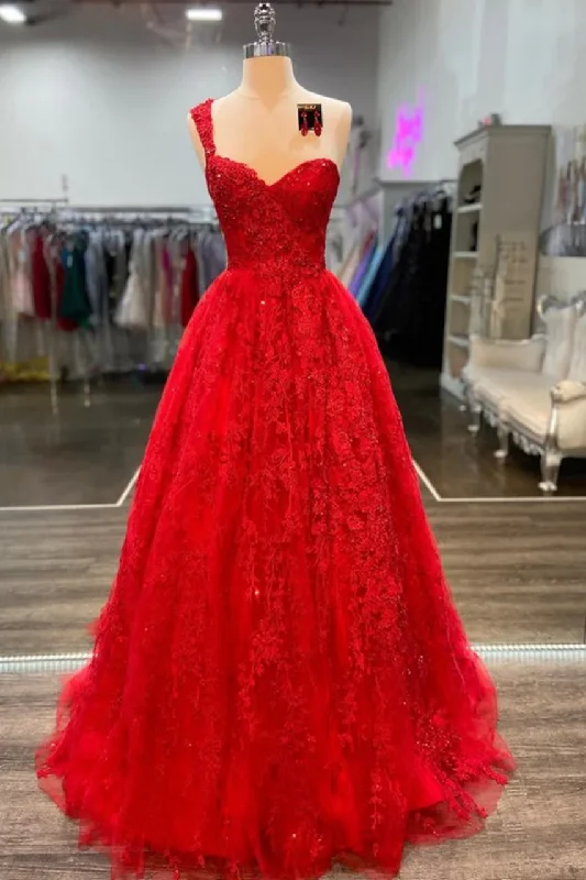 prom dresses for short girlsRed One Shoulder A-Line Lace Appliques Empire-Waist Prom Dress