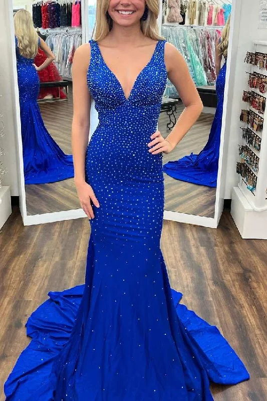 prom dress inspiration galleriesRoyal Blue Mermaid Beading V-Neck Sleeveless Long Prom Dress with Train