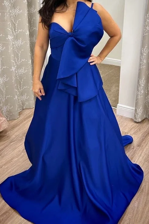 long prom dressesRoyal Blue One Shoulder A-Line Satin Long Formal Prom Dress with Big Bow