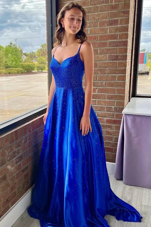 mermaid prom dressesRoyal Blue Rhinestone V-Neck Spaghetti Straps Pleated Prom Dress