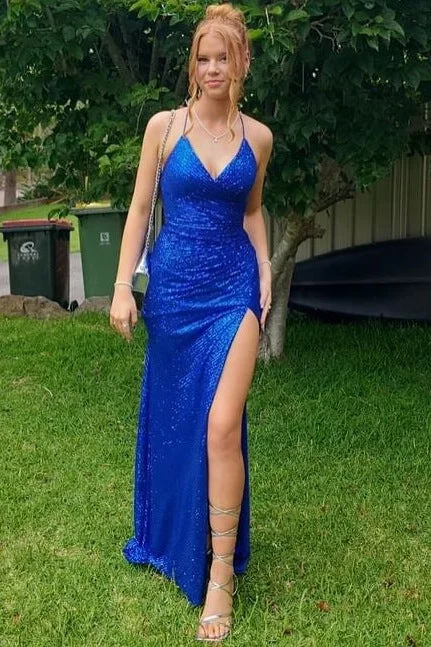 budget-friendly prom dressesRoyal Blue Sequined Spaghetti Straps High Slit Formal Prom Dress