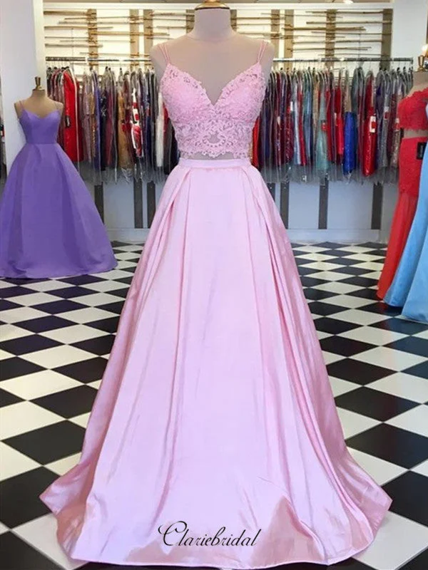 silk prom dressesSatin A-line Long Prom Dresses, 2 Pieces Lace Prom Dresses