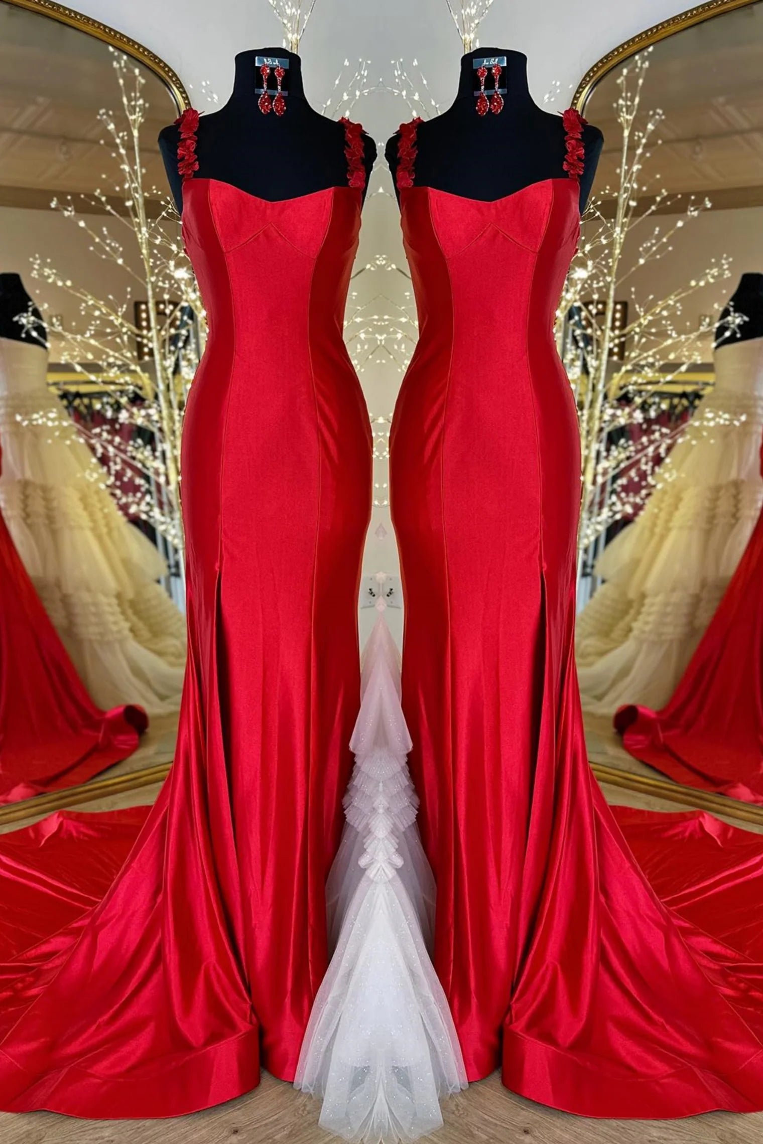 prom dress fitting adviceSatin Long Prom Dress Red Mermaid with Flower Straps