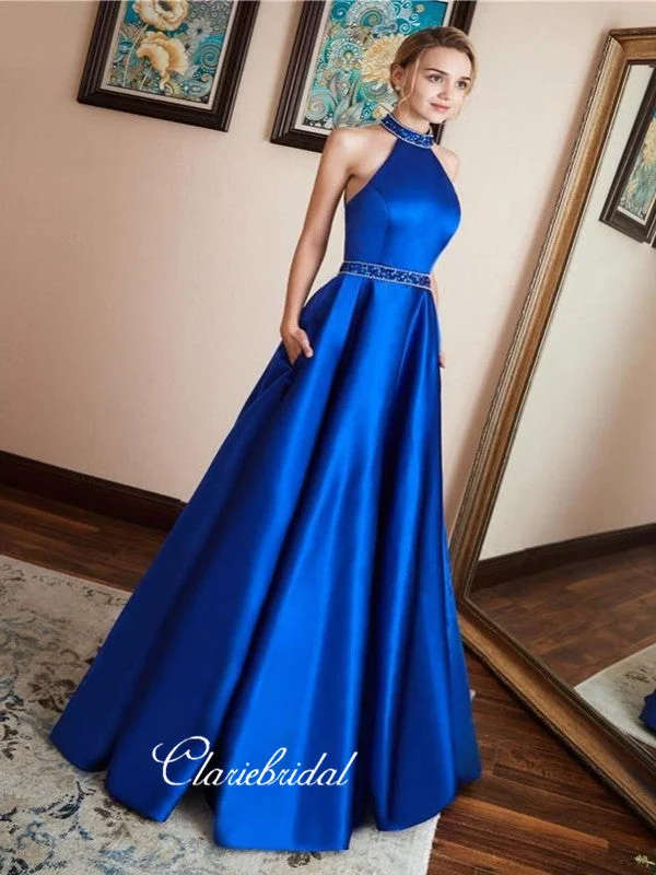 A-line prom dressesSatin Royal Blue Prom Dress,Beaded Halter Neckline Prom Dresses, Fashion Prom Dresses