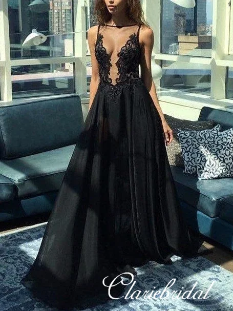 luxury prom dressesSee Through Lace Tulle Top Long A-line Prom Dresses, Black Prom Dresses, Long Prom Dresses