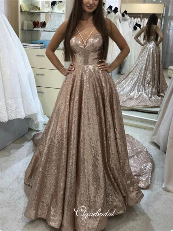 prom dress style guidesSequins A-line Prom Dresses Long, Cross Straps Prom Dresses, Prom Dresses