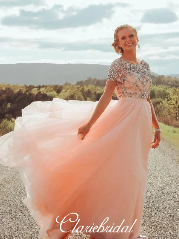 beaded prom dressesShort Sleeves Long Prom Dresses, Peach Tulle Rhinestone Beaded Prom Dresses, Long Prom Dresses