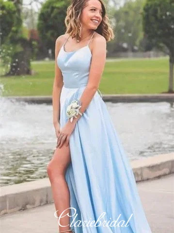 sequined prom dressesSimple Long A-line Light Blue Elastic Satin Prom Dresses, Side Slit Prom Dresses, Long Prom Dresses