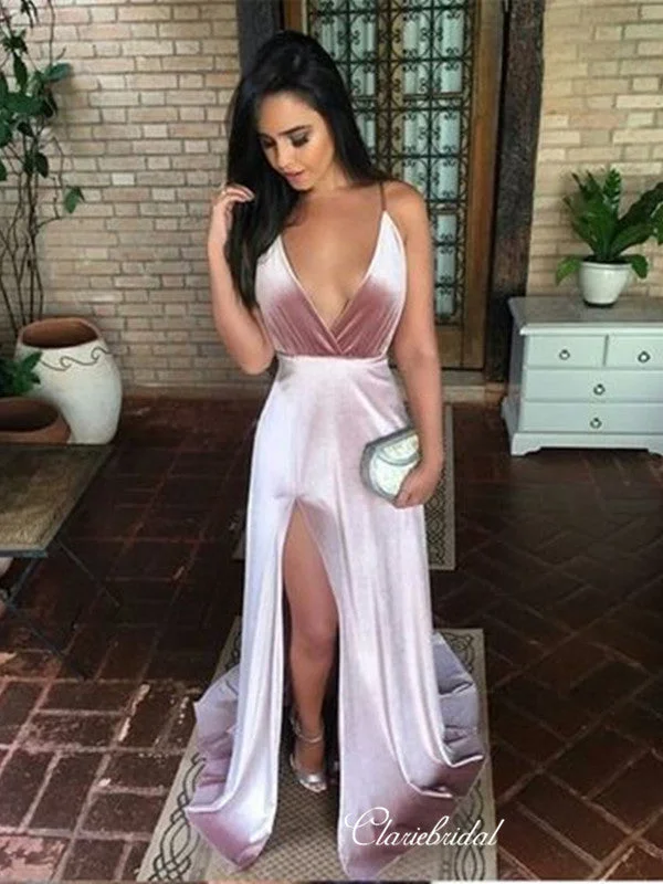 high-slit prom dressesSimple Long Prom Dresses, Deep V-neck Prom Dresses, Cheap Prom Dresses