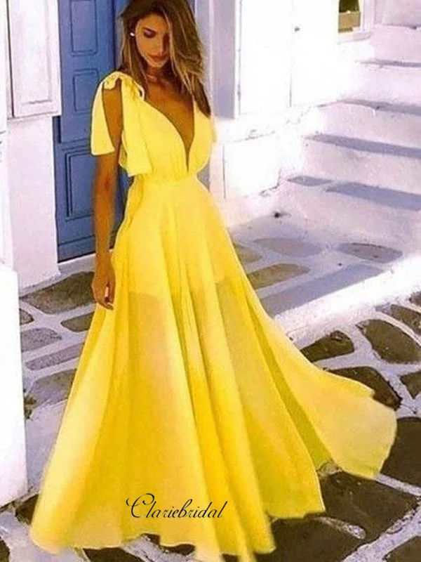 spaghetti strap prom dressesSimple Yellow Prom Dresses, Cheap Chiffon Prom Dresses, A-line Prom Dresses Long