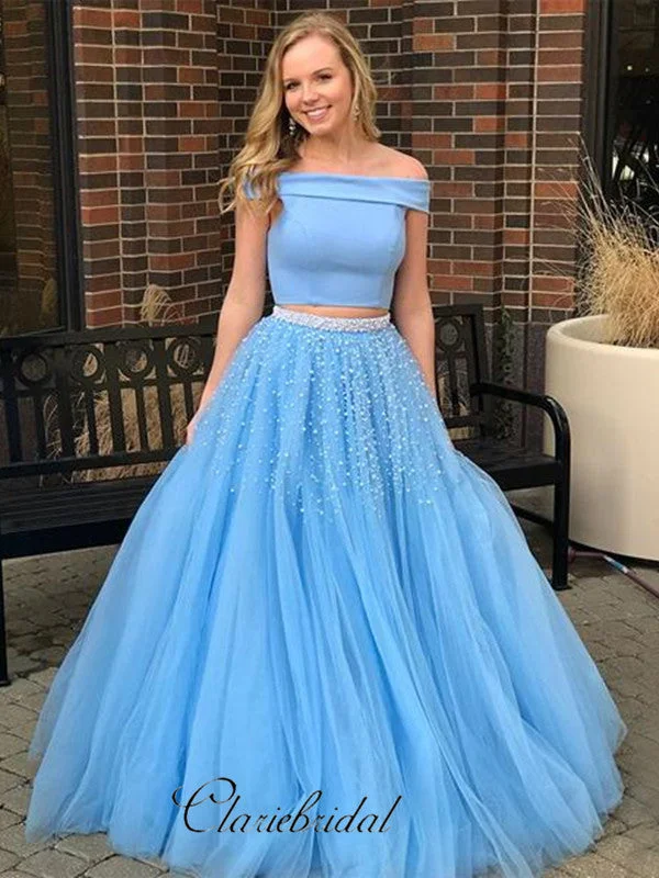 illusion sleeve prom dressesSky Blue Fashion Off Shoulder Prom Dresses, 2 Pieces Beaded A-line Prom Dresses