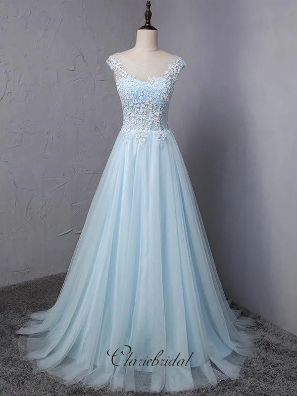 tulle prom dressesSky Blue Lace Prom Dresses, Elegant Appliques Prom Dresses, Newest Prom Dresses Long