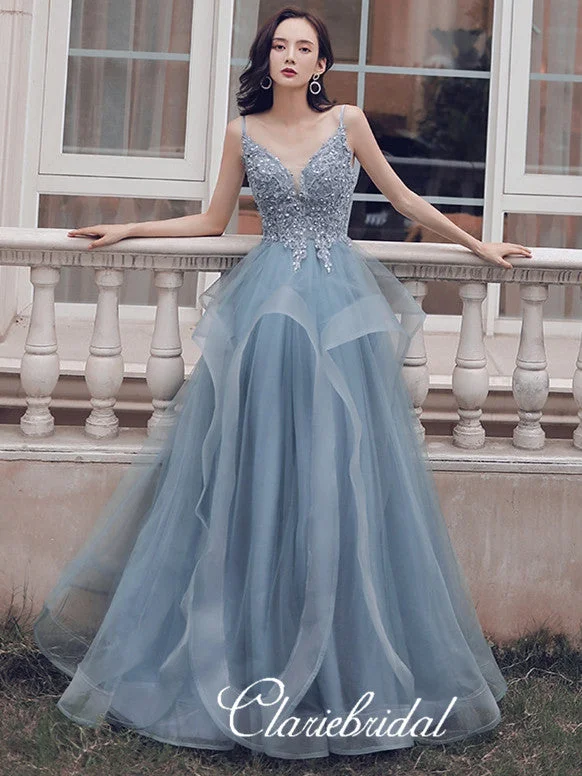 elegant prom dressesSpaghetti Long A-line Grey Tulle Lace Prom Dresses, Beaded Prom Dresses, Lovely Long Prom Dresses