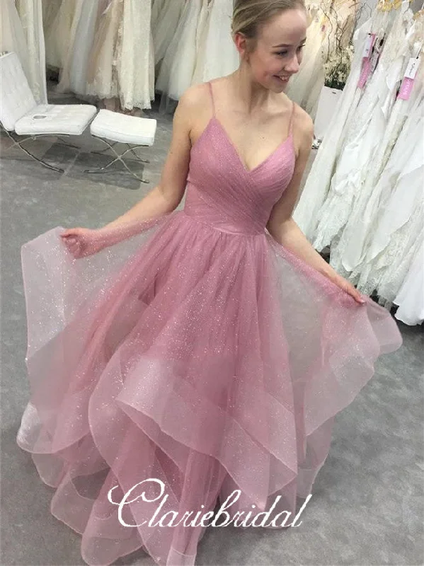 two-piece prom dressesSpaghetti Long A-line Layers Sequin Tulle Prom Dresses, Sparkle Long Prom Dresses, 2020 Prom Dresses