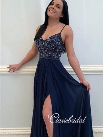 mini prom dressesSpaghetti Long A-line Navy Chiffon Beaded Prom Dresses, Elegant Prom Dresses, Side Slit Prom Dresses