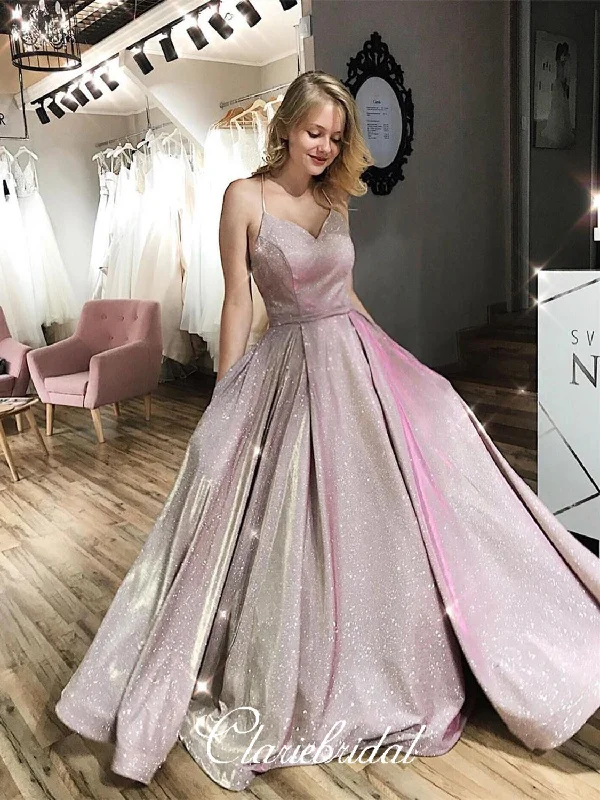 pastel prom dressesSpaghetti Long A-line Shemmering Fabric Prom Dresses, 2020 Prom Dresses, Long Prom Dresses, V-neck Prom Dresses