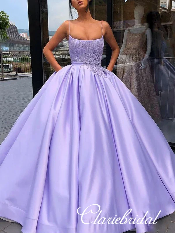 affordable prom dressesSpaghetti Long Lilac Satin Lace Ball Gown Dresses, Long Prom Dresses, Popular Prom Dresses