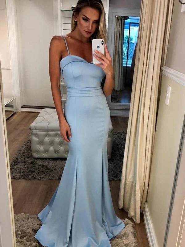 halter neck prom dressesSpaghetti Long Mermaid Blue Elastic Satin Prom Dresses