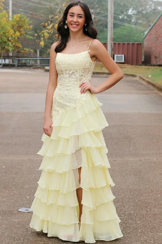 prom dress alterationsSpaghetti Straps Appliques A-Line Layered Chiffon Prom Dress with Slit