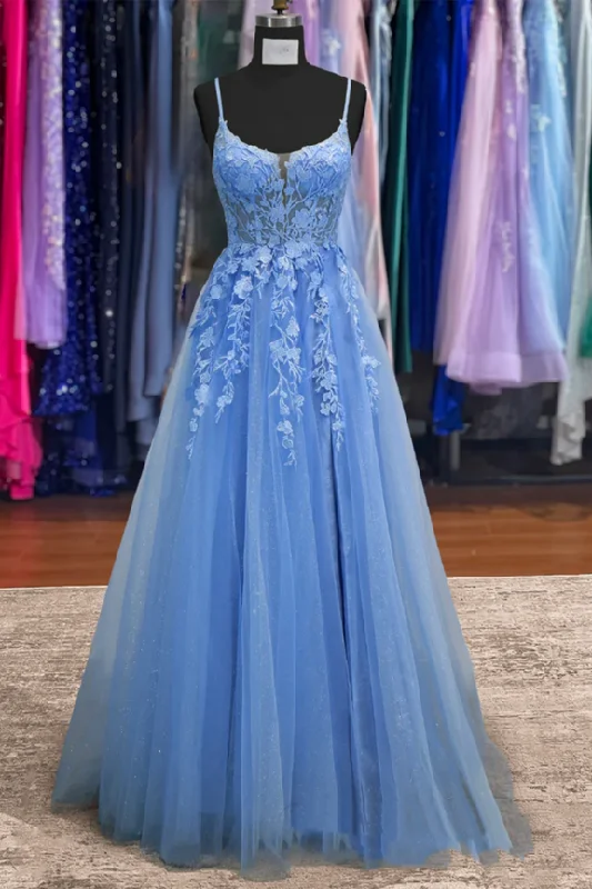 prom dresses for tall girlsSpaghetti Straps Lace Appliques Empire-Waist Pleated Tulle Prom Dress