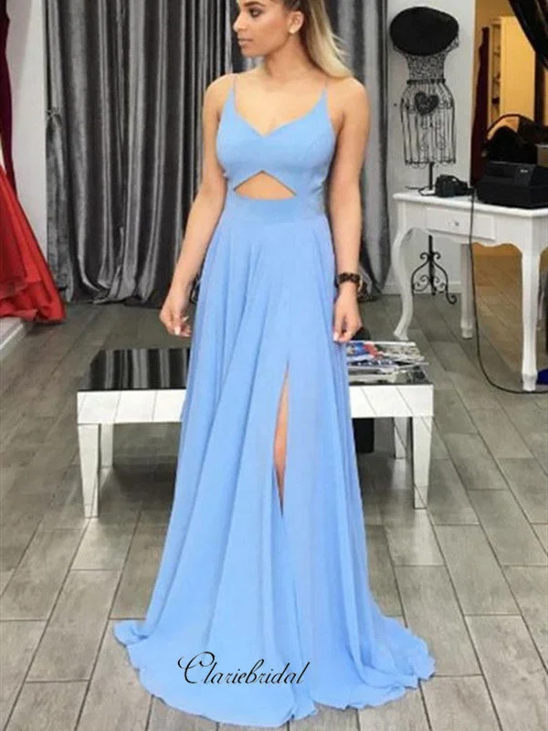 sparkly prom dressesSpaghetti Straps Prom Dresses Long, Open Back High Slit Prom Dresses