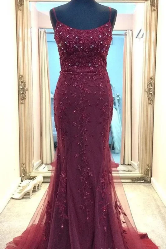 A-line prom dressesSpaghetti Straps Scoop Appliques Mermaid Sleeveless Long Prom Dress