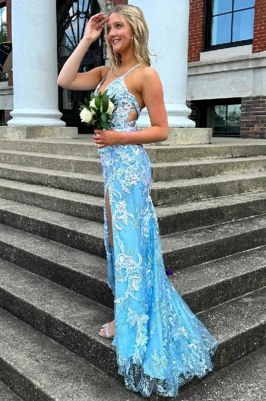 animal print prom dressesSpaghetti Straps V-Neck Appliques Sleeveless Formal Prom Dress with Slit