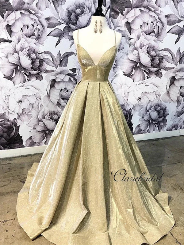 flutter sleeve prom dressesSpaghetti Straps V-neck Long Prom Dresses, 2020 Newest A-line Prom Dresses