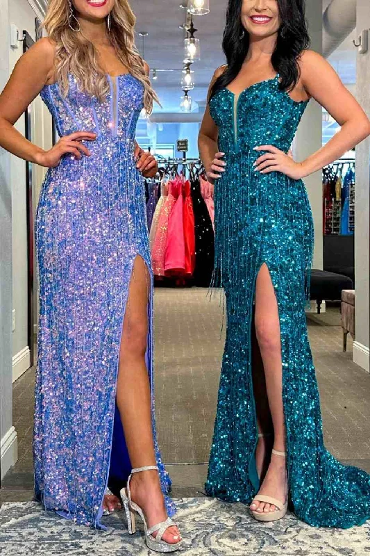 metallic prom dressesSparkly V-Neck Spaghetti Straps Sequined Long Formal Prom Dress with Slit