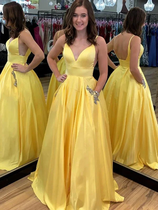 sweetheart neckline prom dressesStrapes V-neck Yellow Satin Beaded Long Prom Dresses