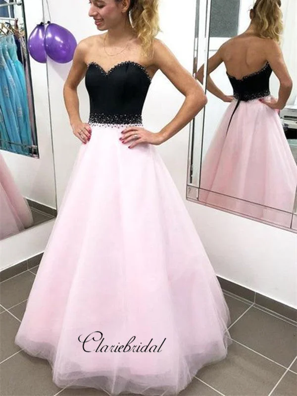 two-piece prom dressesStrapless Beaded Organza Prom Dresses, Simple A-line Prom Dresses