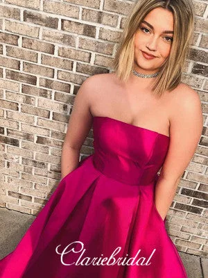 geometric print prom dressesStrapless Hop Pink A-line Satin Prom Dresses, Simple Elegant Prom Dresses, Prom Dresses