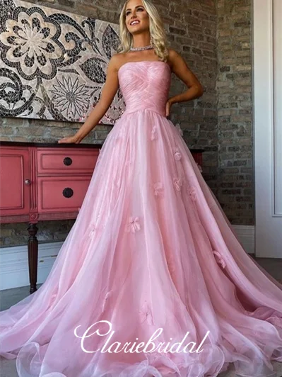 convertible prom dressesStrapless Long A-line Pink Tulle Appliques Prom Dresses, New Arrival Long Prom Dresses, 2020 Prom Dresses