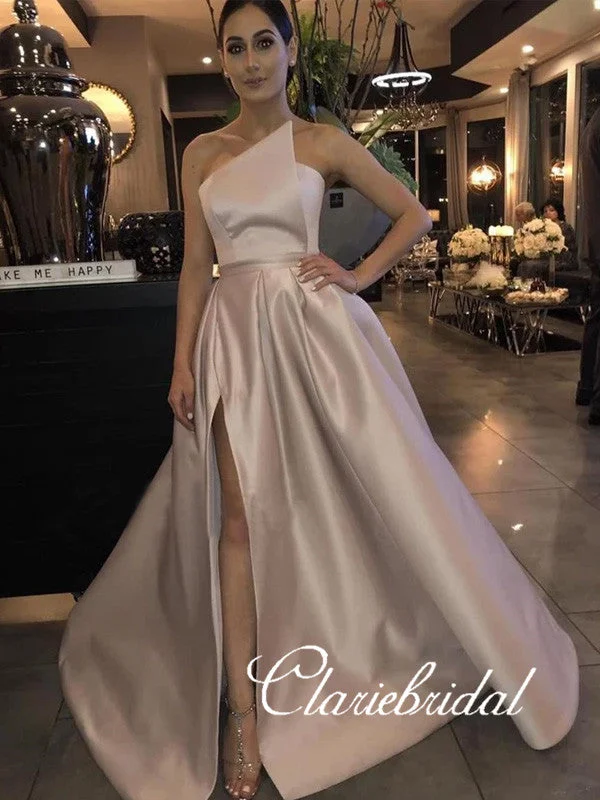 prom dress fitting adviceStrapless Long A-line Satin Side Slit Prom Dresses, Gorgeous Prom Dresses, Long Prom Dresses