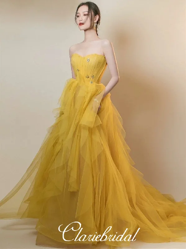 animal print prom dressesStrapless Long A-line Yellow Tulle Beaded Prom Dresses, Lovely Prom Dresses, Newest Prom Dresses