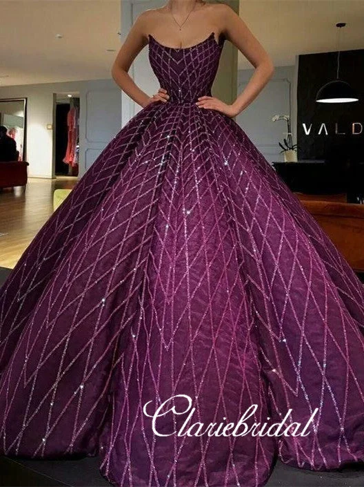 prom dresses for summerStrapless Long Ball Gown Purple Sequin Tulle Prom Dresses, Lovely Prom Dresses, Long Prom Dresses