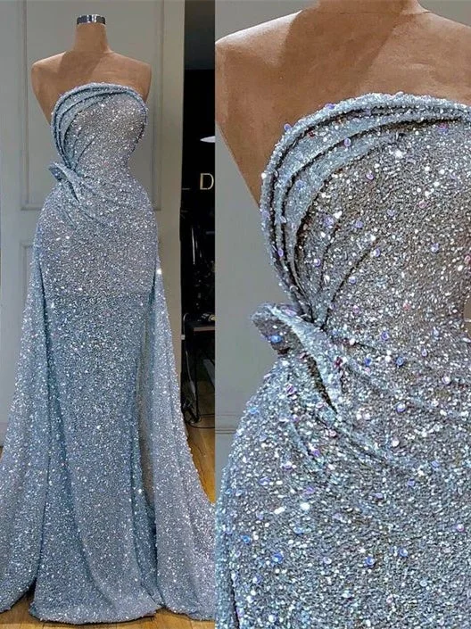 prom dresses for curve-hugging figuresStrapless Long Mermaid Blue Sequin Prom Dresses, Sparkle Long Prom Dresses, Prom Dresses