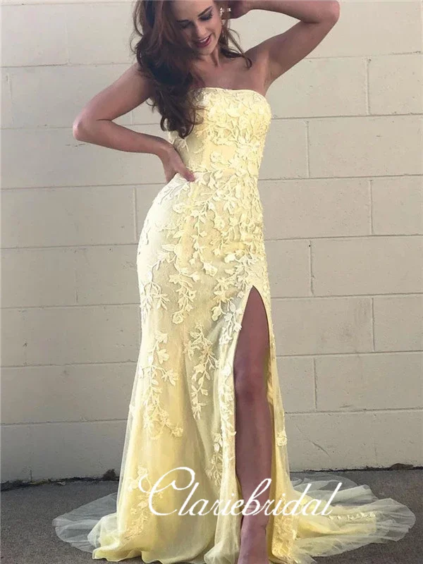 prom dress cleaningStrapless Long Mermaid Prom Dresses, Yellow Lace Tulle Prom Dresses, Side Slit Prom Dresses