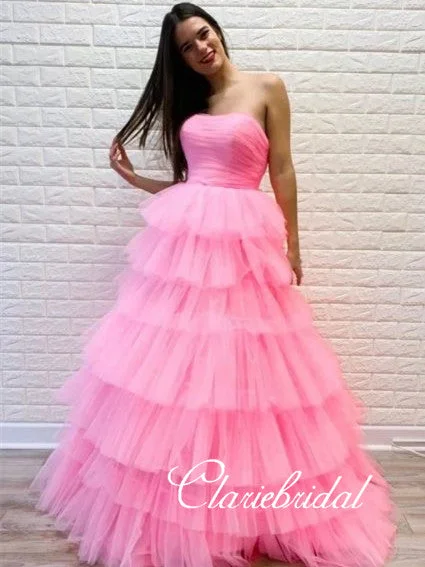 prom dresses for winterStrapless Pink Layered Tulle Prom Dresses, Lovely Prom Dresses, Popular 2020 Prom Dresses