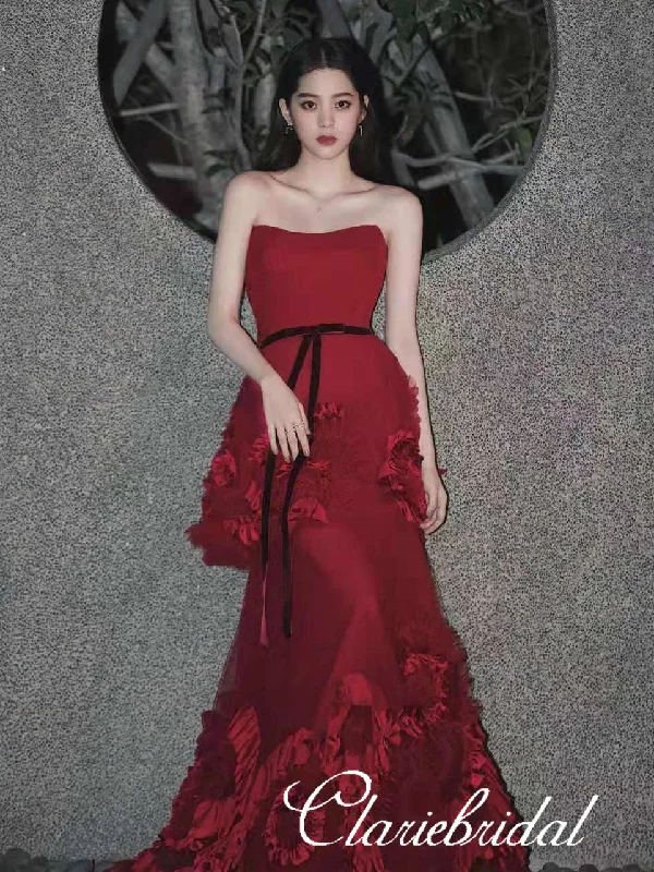 high-low prom dressesStrapless Red Tulle Prom Dresses, Floral Prom Dresses, Chic Long Prom Dresses, 2020 Prom Dresses