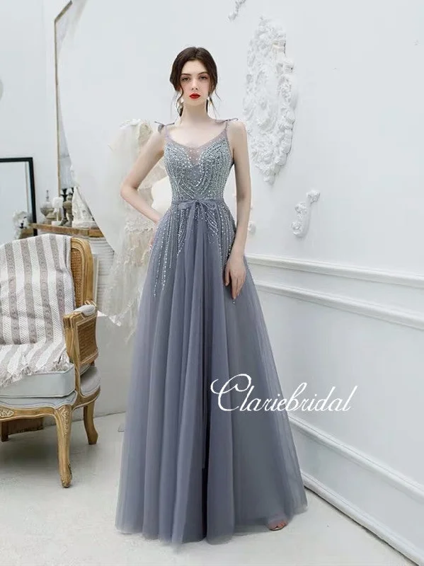 lace-up prom dressesStraps Long A-line Grey Tulle Beaded Prom Dresses, New 2020 Prom Dresses, Claire Design Prom Dresses