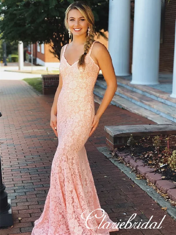 prom dresses with illusion panelsStraps Long Mermaid Pink Lace Beaded Prom Dresses, Lovely Prom Dresses, Prom Dresses