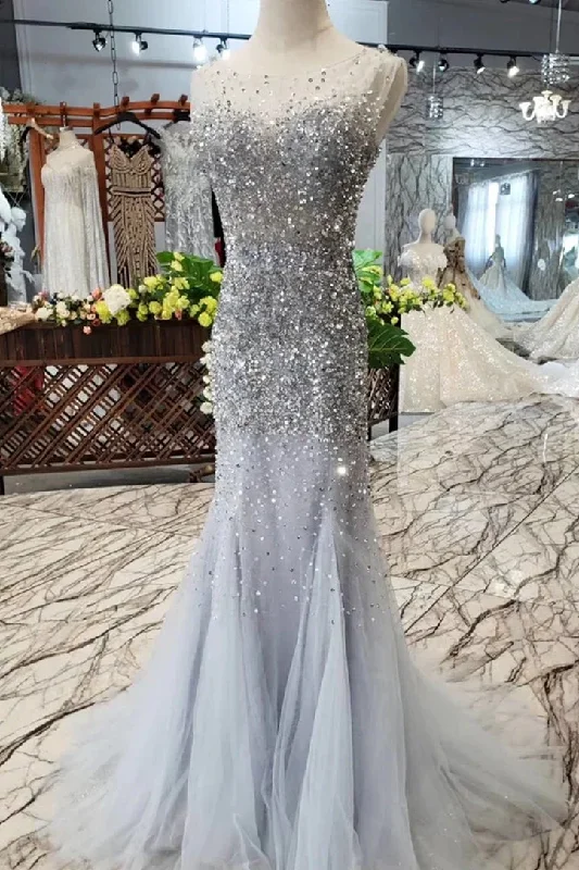 fitted prom dressesStunning Illusion Mermaid Sequins Tulle Long Formal Prom Dress