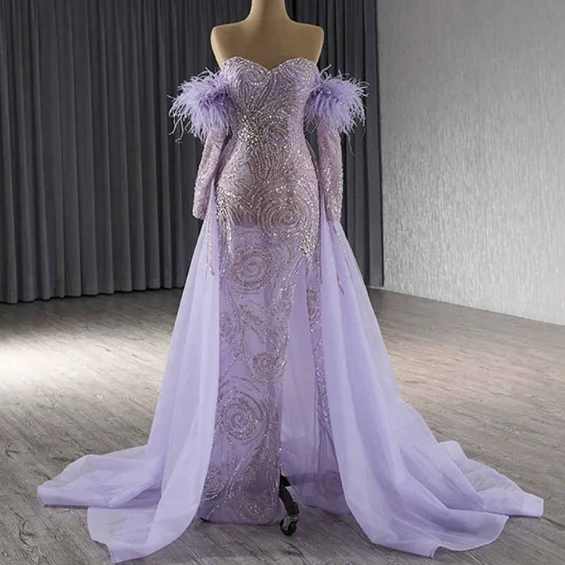 prom dresses with lace appliquésSweetheart Lilac Sheer Formal Gown Prom Dress with Long Sleeve