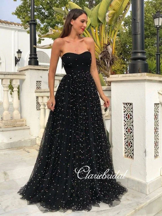 prom dresses with beaded accentsSweetheart Long A-line Black Tulle Beaded Prom Dresses, Chic Long Prom Dresses, 2020 Prom Dresses