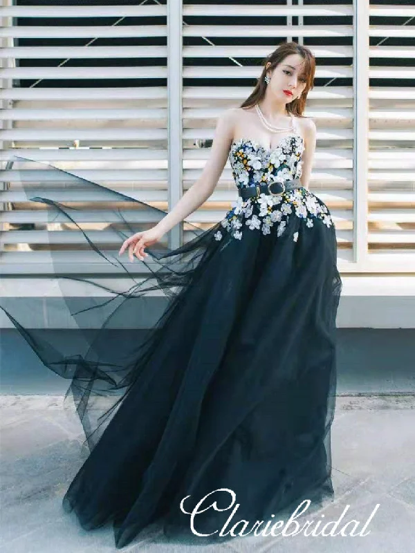 off-the-shoulder prom dressesSweetheart Long A-line Black Tulle Floral Prom Dresses, Appliques Prom Dresses, Newest Prom Dresses